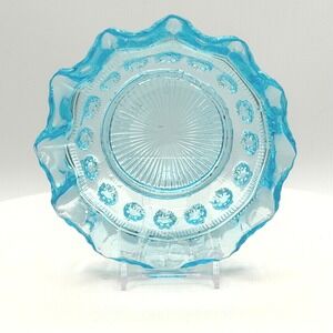 Fenton Blue Opalescent Daisy & Button Ruffled Bowl Vintage Glass MCM 1950's USA